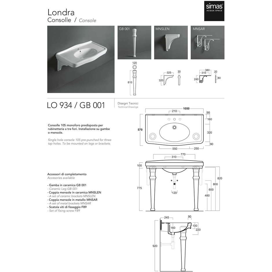 Wandhängendes Konsolenwaschbecken aus weißer Keramik, 105x57xh10cm - London, Simas