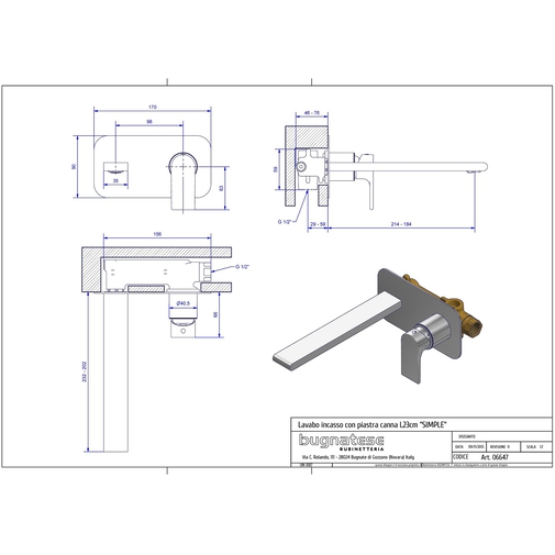 Waschtisch-Wandbatterie aus Chrom mit 23 cm Auslauf - Simple, Rubinetteria Bugnatese