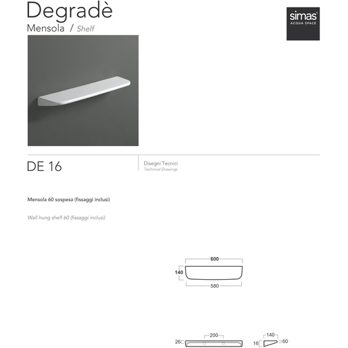 Weißes Keramikregal komplett mit Befestigungen 60 cm - Degradè, Simas