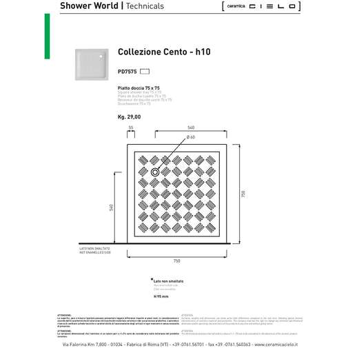 White shower tray with unglazed side 75x75cm h95mm - Cento, Ceramica Cielo