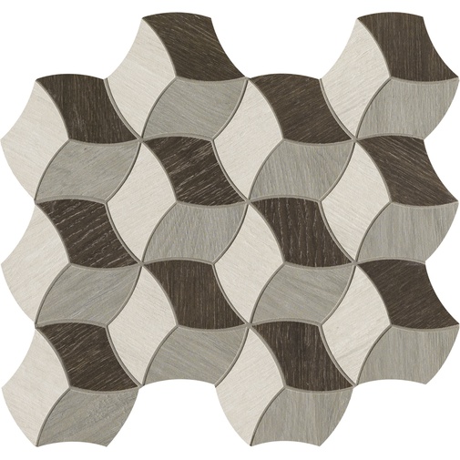 Wood-effect porcelain stoneware, geometric helix decoration, cold tones, 33,3x38,5 cm, Elica Cold - Comfort W, Dom Ceramiche