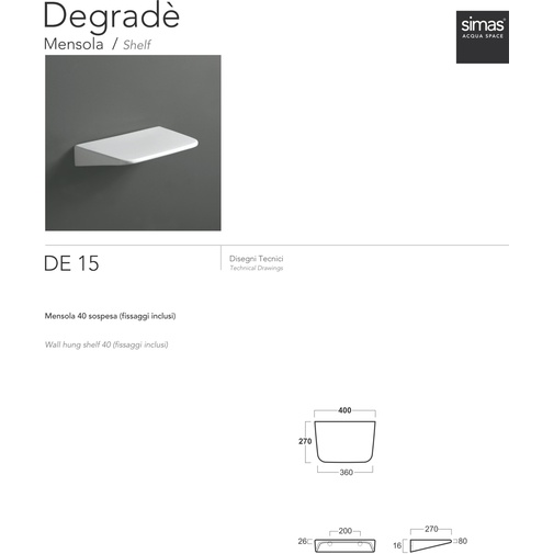 Étagère moderne en céramique blanche avec fixations 40 cm - Degradè, Simas